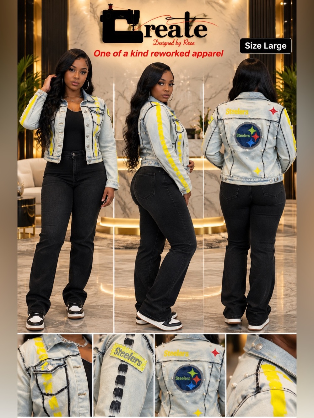 Custom Steelers Women's Embellished Denim Jacket - Picture 1 of 5